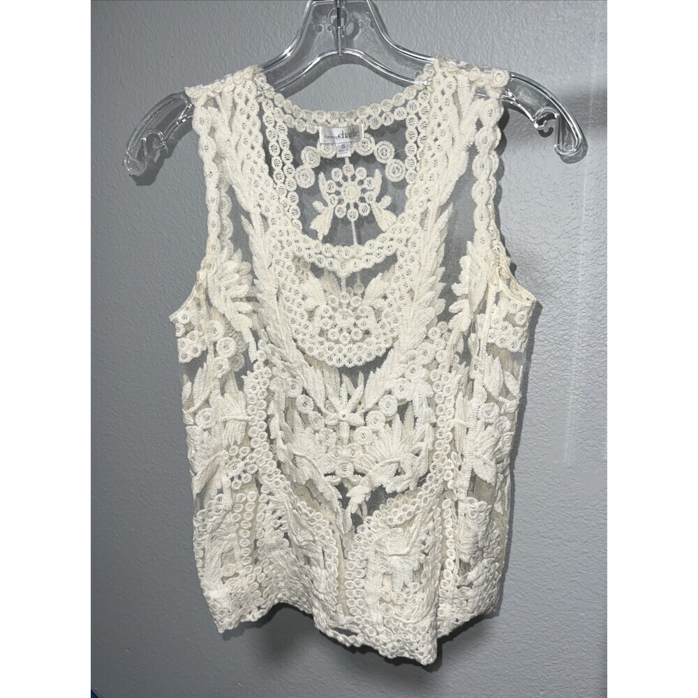 Charming Charlie Mint Cream Sheer Lace Top Short Sleeve Boho COTTON Small